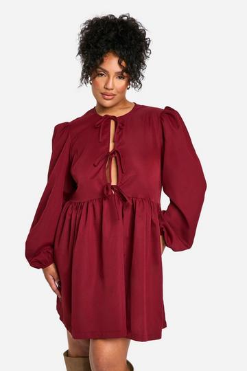 Cherry Red Plus Tie Front Long Sleeve Smock Dress