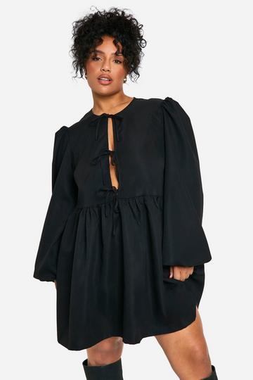 Plus Tie Front Long Sleeve Smock Dress black