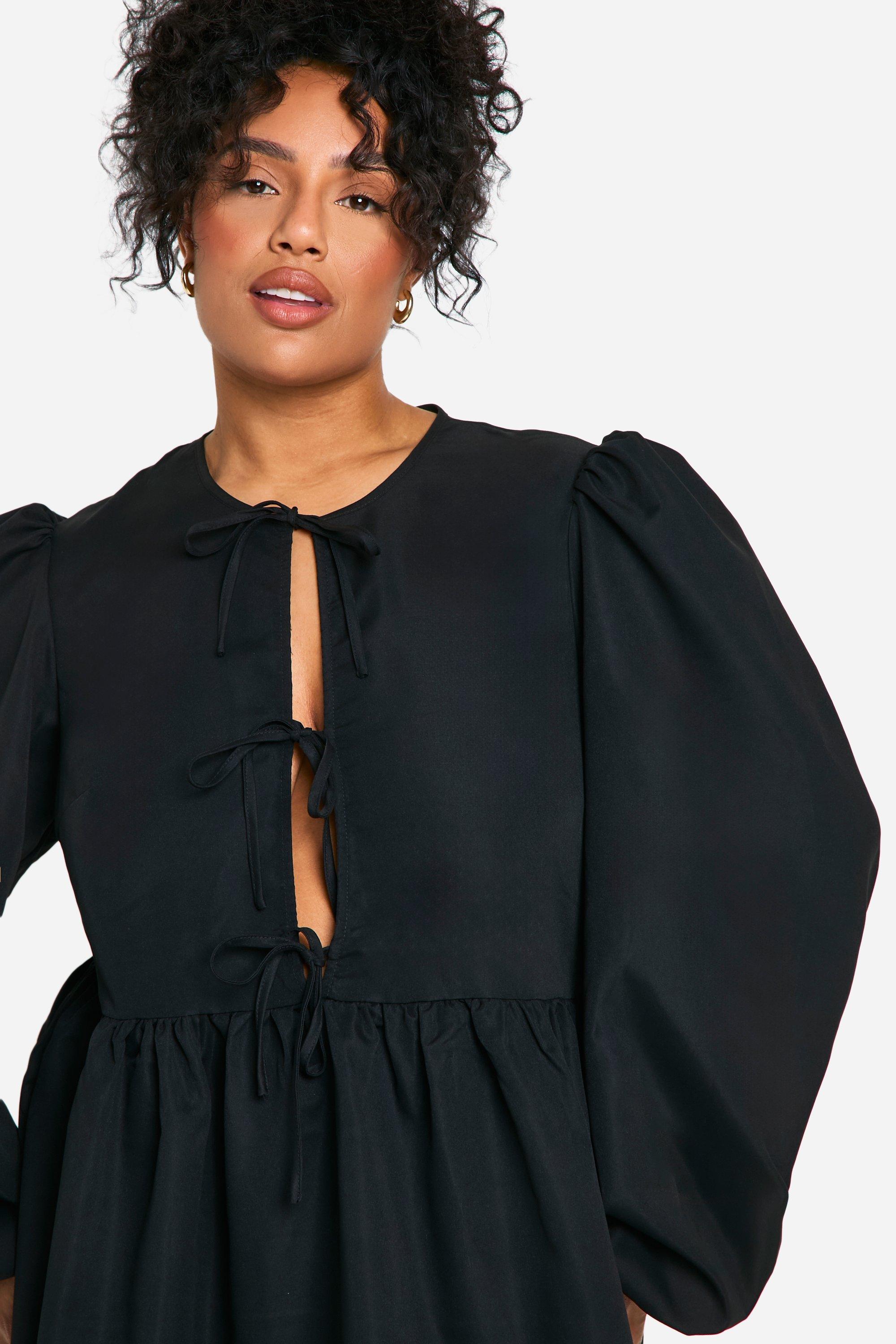 boohoo Plus Tie Front Long Sleeve Smock Dress Black Size 20