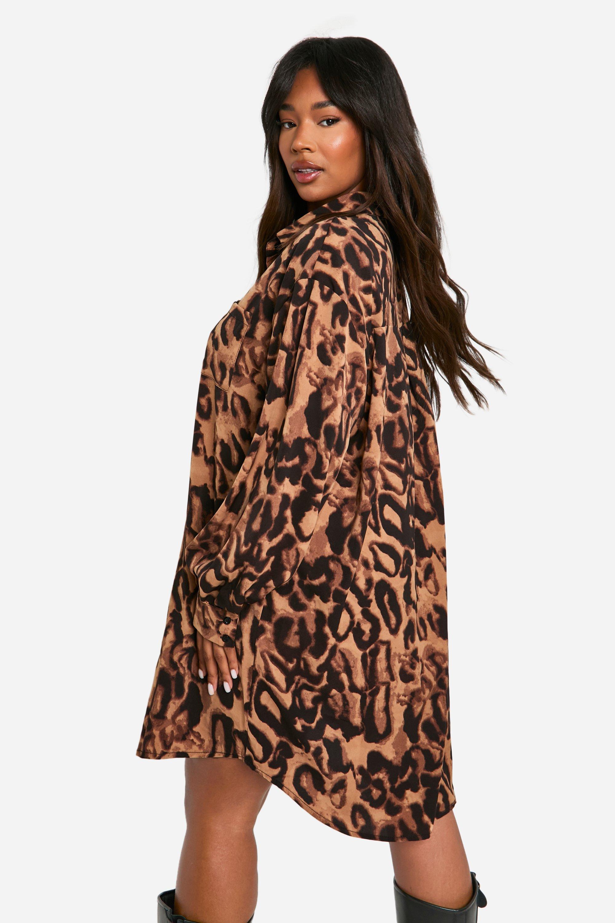 Plus Printed Leopard Oversized Shirt Dress boohoo UK