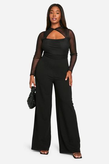 Plus Gedraaide Mesh Wide Leg Jumpsuit black