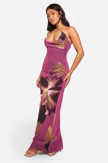 Plum Purple Petite Bold Floral Asymmetric Cowl Drape Maxi Dress