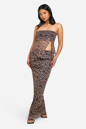 Petite Leopard Mesh Maxi Skirt tan