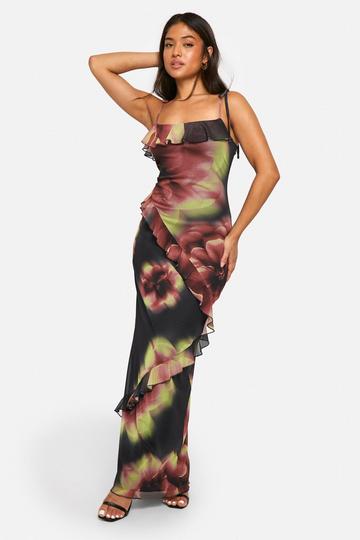 Petite Bold Floral Ruffle Maxi Dress black