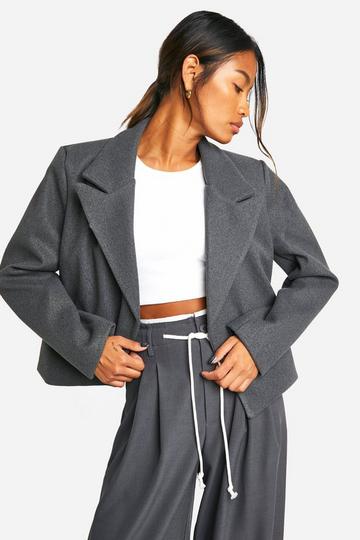 Grey Wool Look Shoulder Pad Cropped Blazer