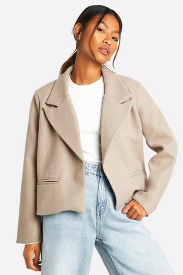 Stone Beige Wool Look Shoulder Pad Cropped Blazer