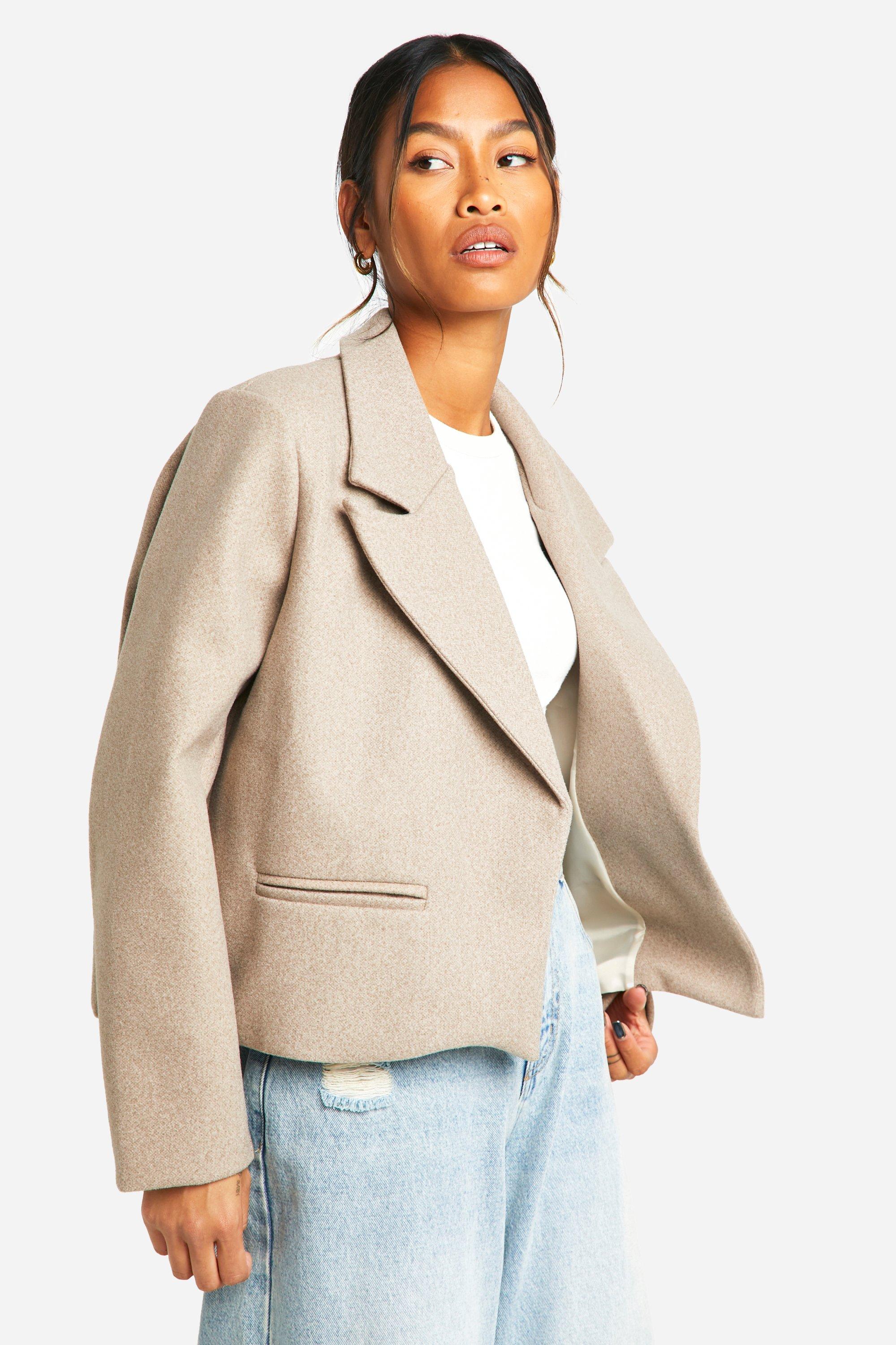 Wool Look Shoulder Pad Cropped Blazer boohoo NO
