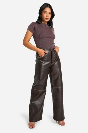 Petite Vintage Wash Faux Leather Wide Leg Pants chocolate