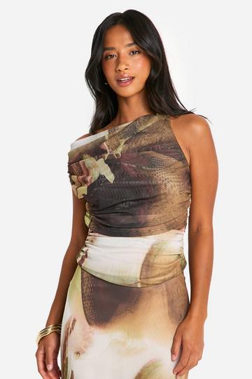 Petite Abstract Print Twist Drape Top natural