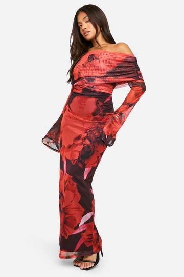 Red Petite Bold Floral Print Ruched Off The Shoulder Maxi Dress