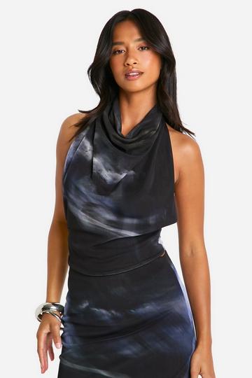 Petite Abstract Print Mesh Cowl Top black