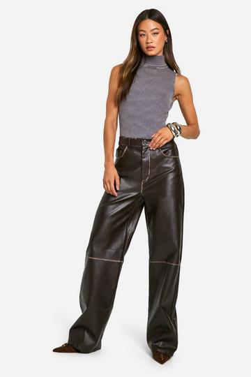 Tall Vintage Wash Faux Leather Wide Leg Trousers chocolate