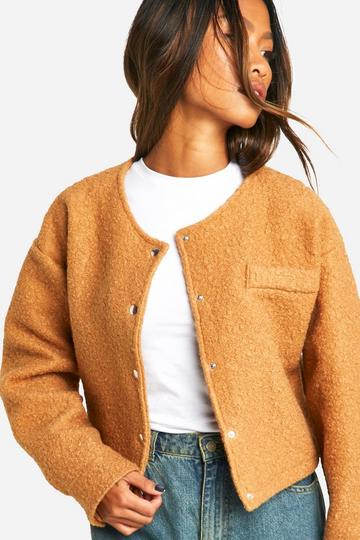 Textured Wool Look Cropped Bomber Jacket biscuit