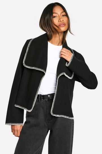 Black Blanket Stitch Waterfall Wool Look Jacket