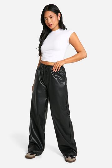 Black Petite Faux Leather Drawstring Wide Leg Trouser