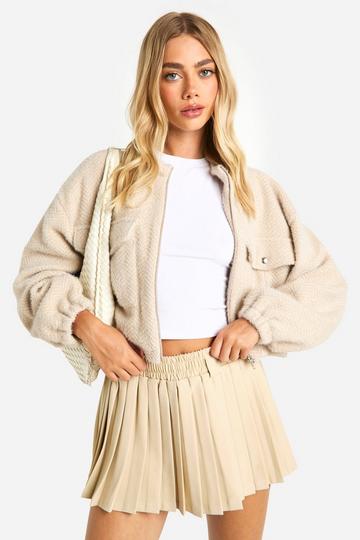 Textured Wool Look Cropped Bomber Jacket biscuit