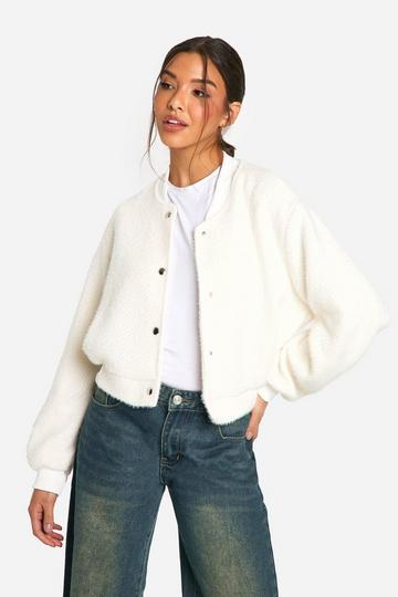 Textured Wool Look Bomber Jacket off white