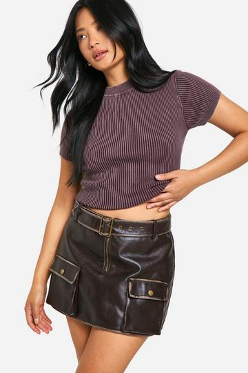 Petite Faux Leather Pocket Detail Mini Skirt chocolate