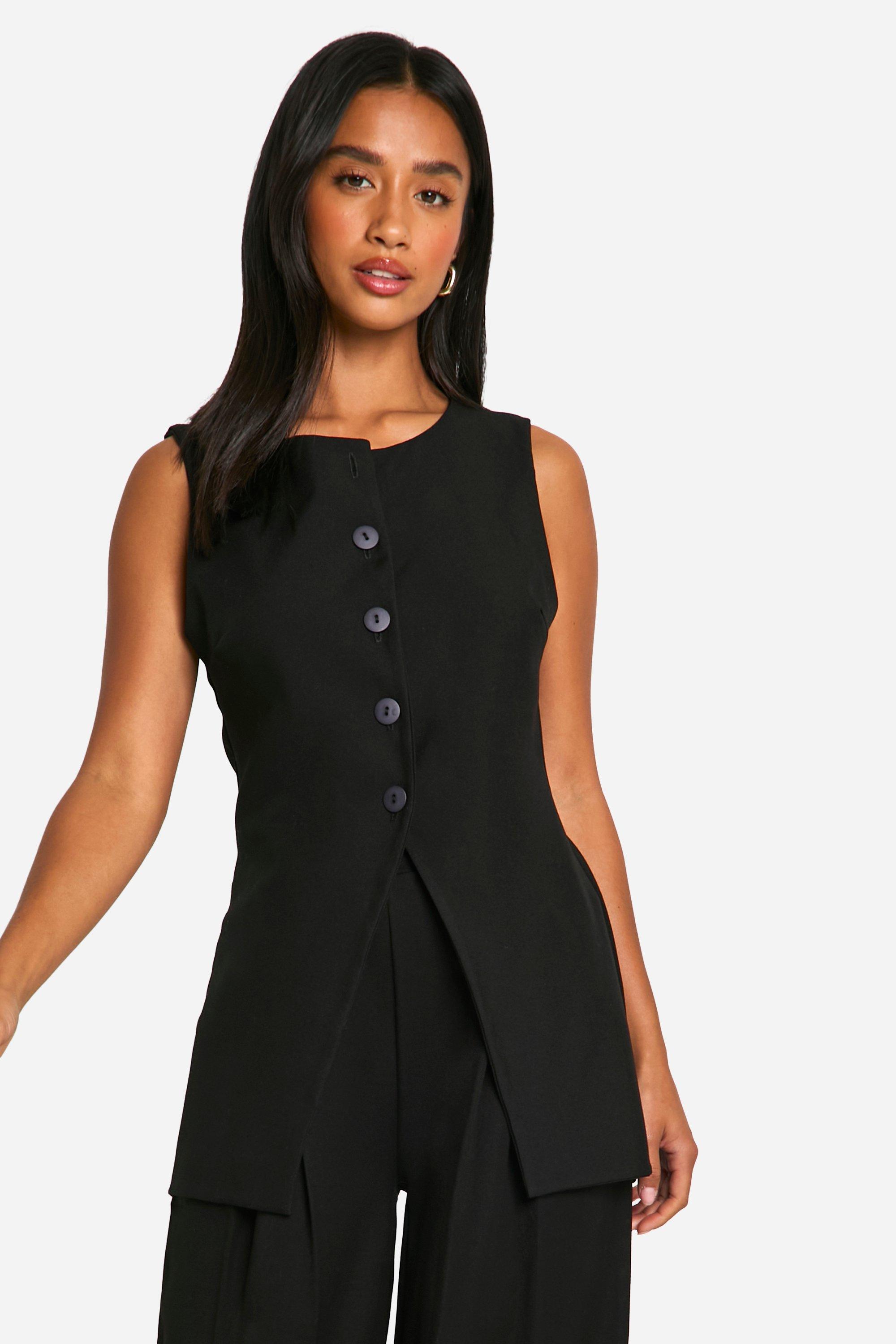 Black Petite High Neck Split Hem Waistcoat