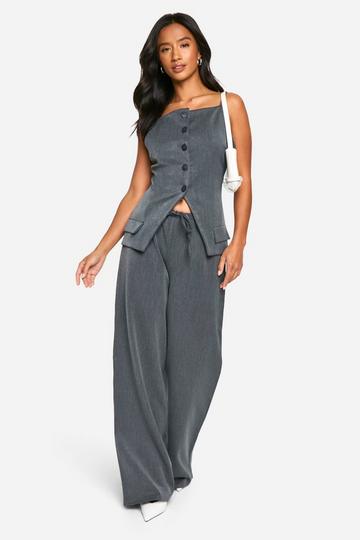 Petite Drawstring Woven Wide Leg Trouser dark grey