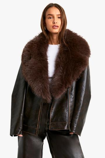 Brown Faux Fur Trim Vintage Look Jacket