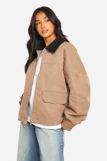 Petite Oversized Harrington Jas Met Contrasterende Kraag beige