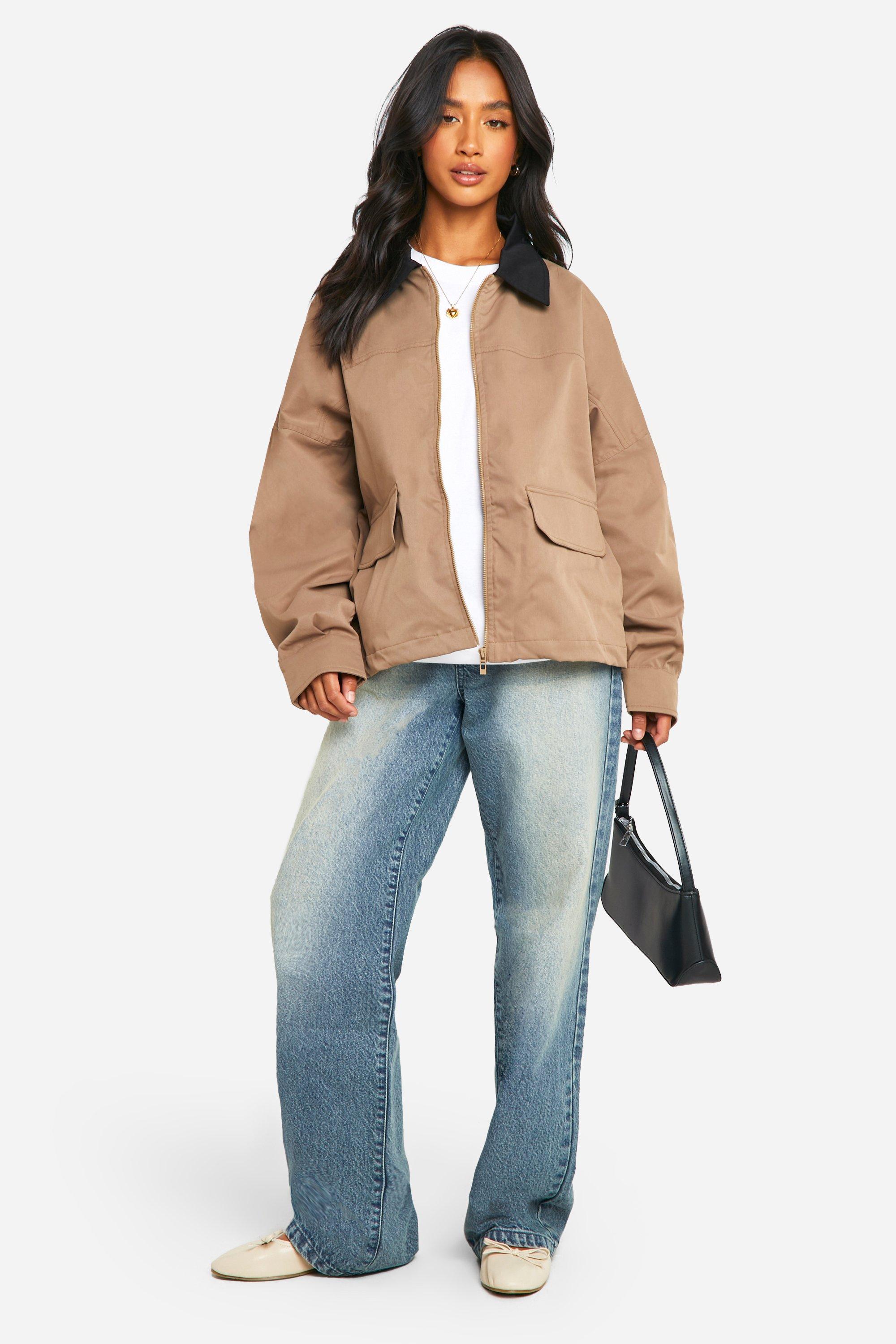 Petite Contrast Collar Oversized Harrington Jacket boohoo IE