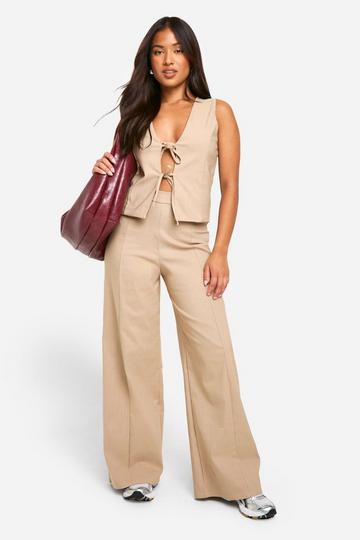 Camel Beige Petite Wide Leg Broek Met Krijtstrepen