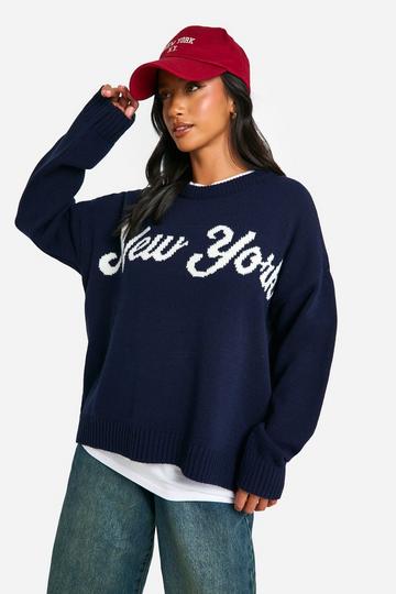 Petite Oversized Gebreide New York Trui Met Crewneck navy