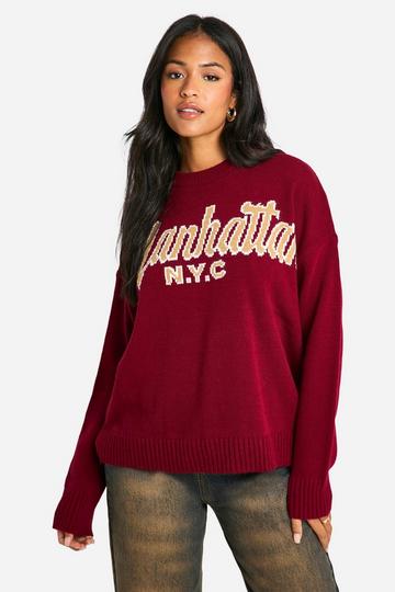 Burgundy Red Tall Embroidered Manhattan Oversized Knitted Crew Neck Sweater