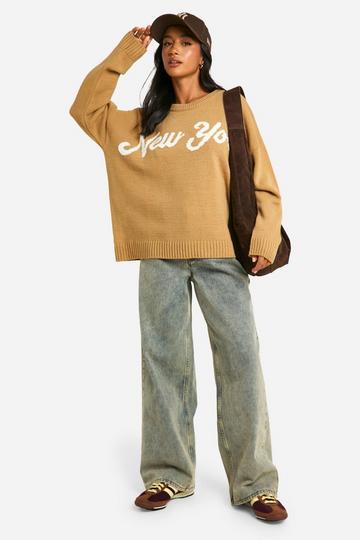 Petite Oversized Gebreide New York Trui Met Crewneck camel