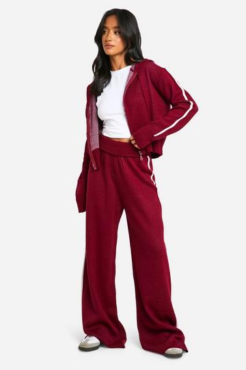 Petite Gestreepte Gebreide Hoodie En Wijde Broek Met Taille Detail burgundy