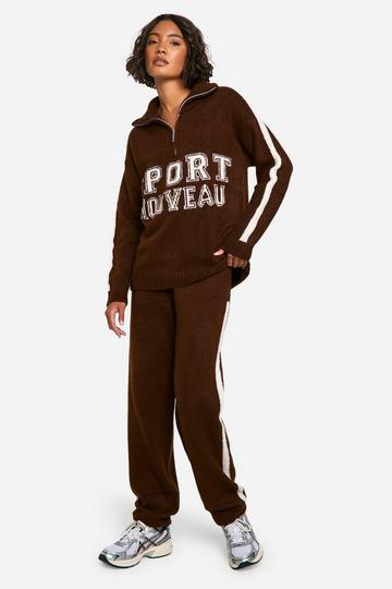 Tall Oversized Gebreide Sport Nouveau Trui Met Hals Rits En Joggingbroek Set chocolate