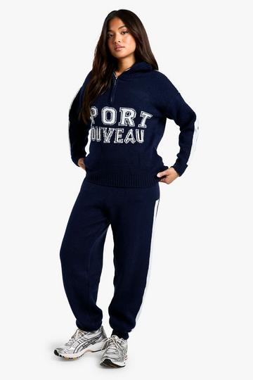 Petite Oversized Gebreide Sport Nouveau Trui Met Hals Rits En Joggingbroek Set navy