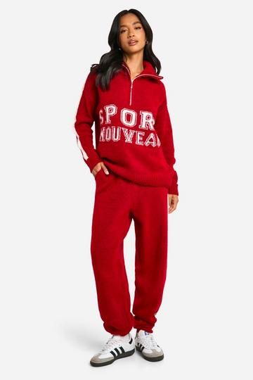 Petite Sport Nouveau Knitted Zip Neck Oversized Jumper And Cuffed Jogger Set red