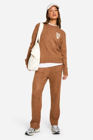 Tall Embroidered Star Detail Oversized Crew Neck Knitted Jumper And Wide Leg Trouser Set camel