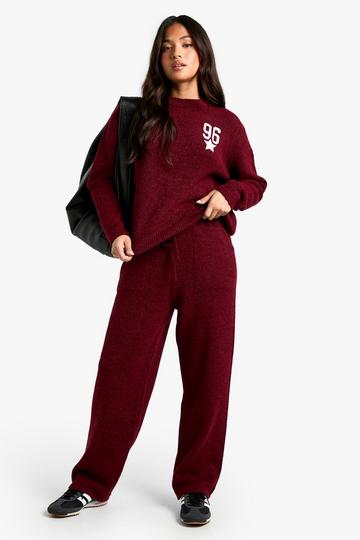 Burgundy Red Petite Embroidered Star Detail Oversized Crew Neck Knitted Jumper And Wide Leg Trouser Set