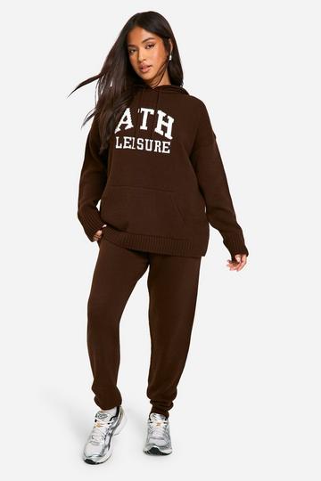 Chocolate Brown Petite Ath Leisure Embroidered Knitted Oversized Hoody And Cuffed Jogger Set