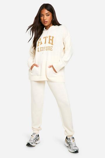 Cream White Petite Ath Leisure Embroidered Knitted Oversized Hoody And Cuffed Jogger Set