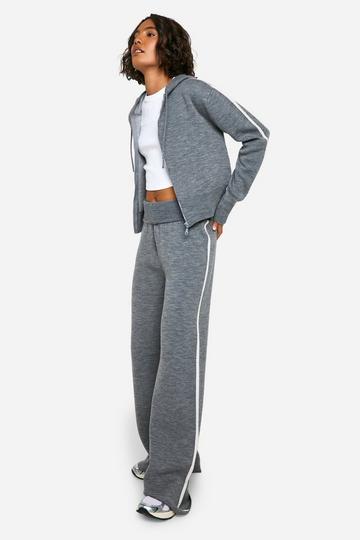 Tall Stripe Detail Knitted Hoody And Waist Detail Flared Pants grey