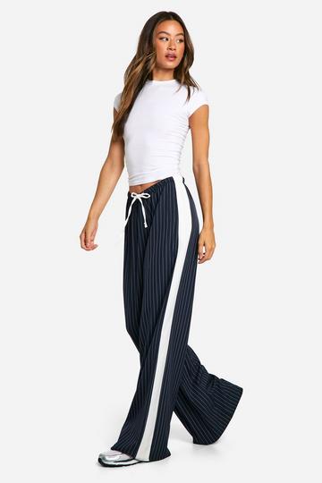 Navy Tall Wide Leg Contrast Stripe Drawstring Trousers