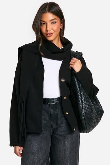 2 in 1 Wool Look Scarf Detail Jacket black