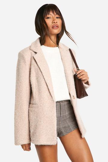 Textured Wool Look Shoulder Pad Blazer stone