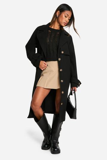 Black Wool Look Belted Coat