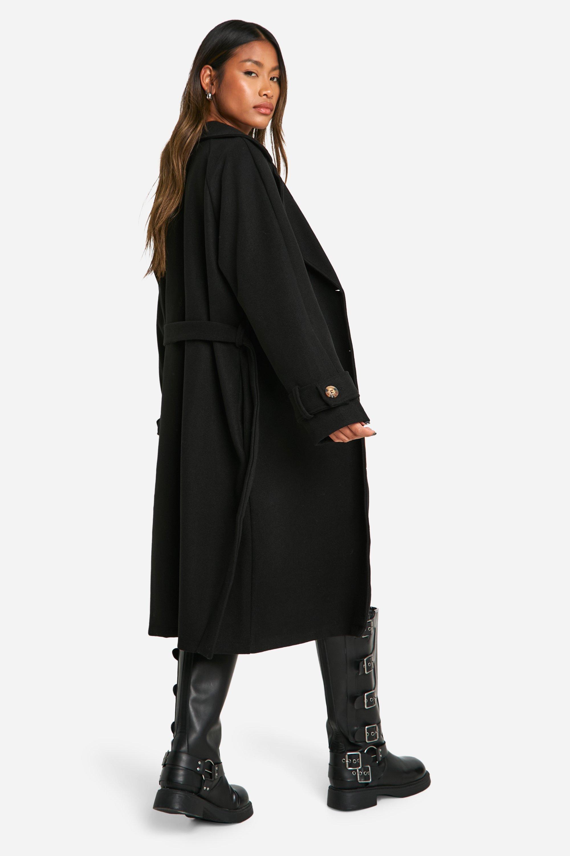 Boohoo hooded wool look belted coat on sale