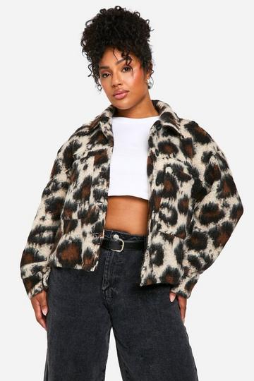 Plus Leopard Collared Wool Jacket leopard