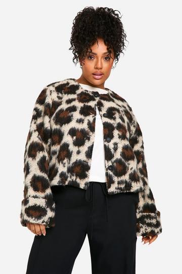 Plus Leopard Collarless Wool Jacket leopard