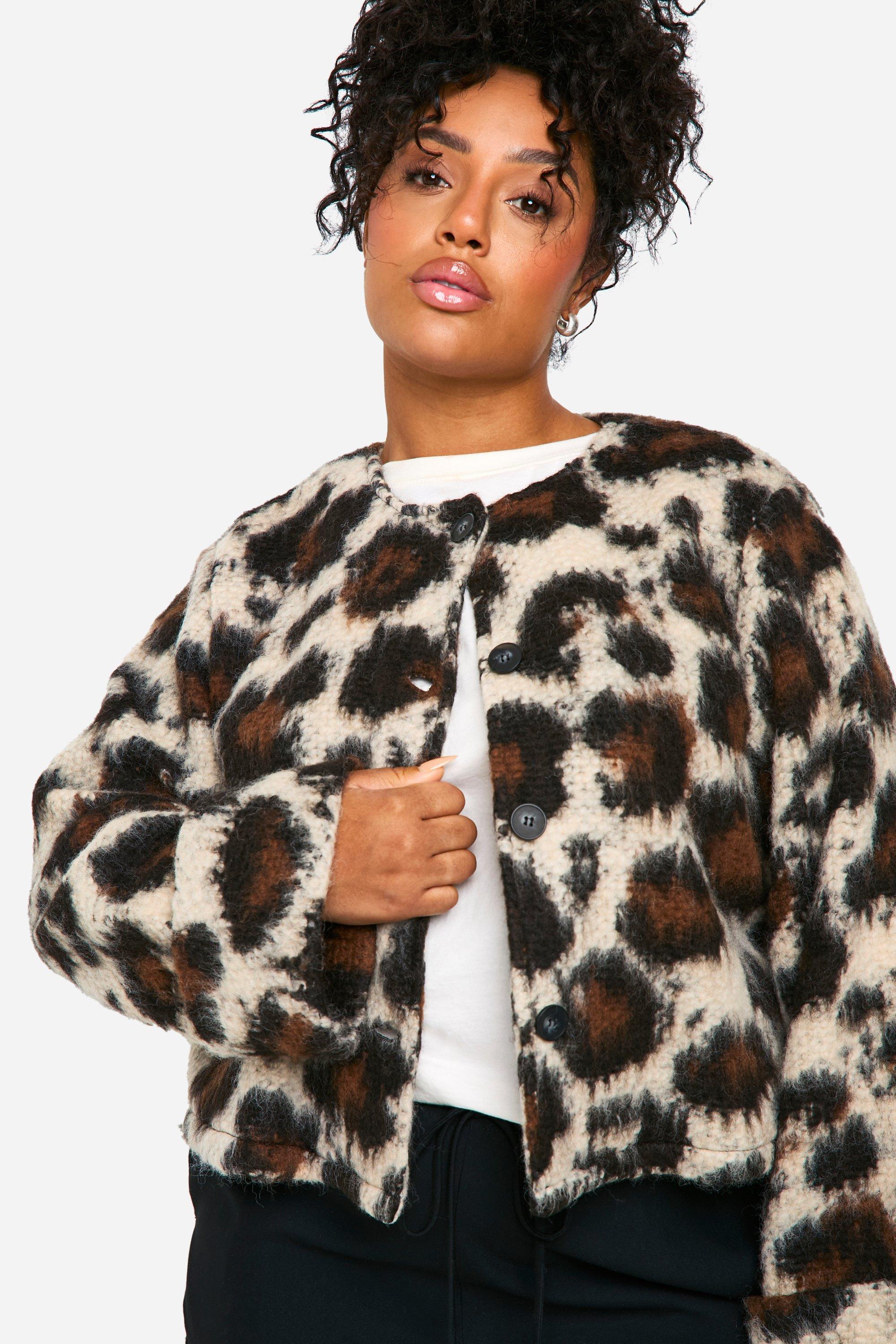 Plus Leopard Collarless Wool Jacket boohoo