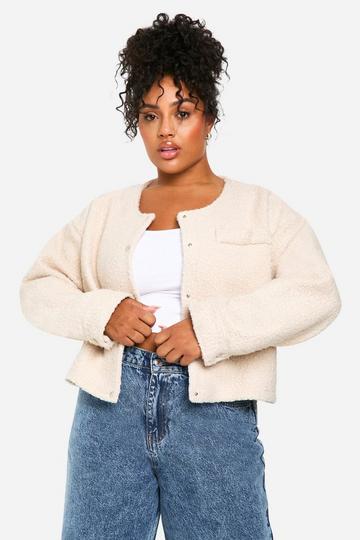 Plus Collarless Wool Bomber Jacket light stone