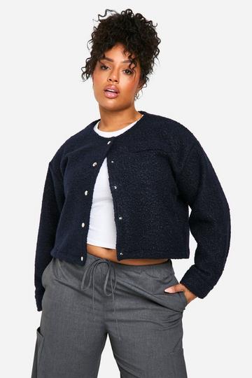 Navy Plus Collarless Wool Bomber Jacket